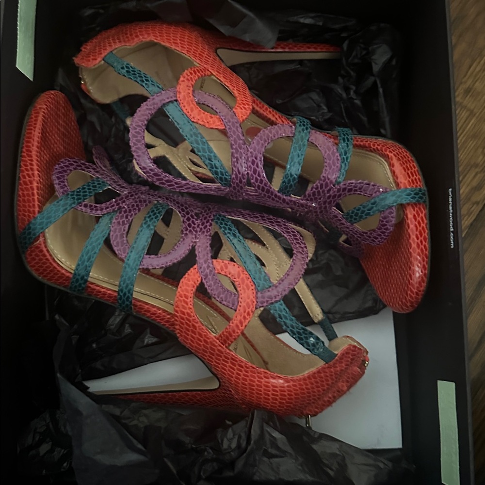 Brian Atwood Butterfly caged multi colored snake print heels